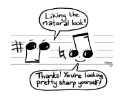 Musical Compliments - Music Cartoon by Hannah Sterry. Comic shows some music notes complimenting each other. Text reads: "Liking the natural look!" "Thanks! You're looking pretty sharp yourself!"