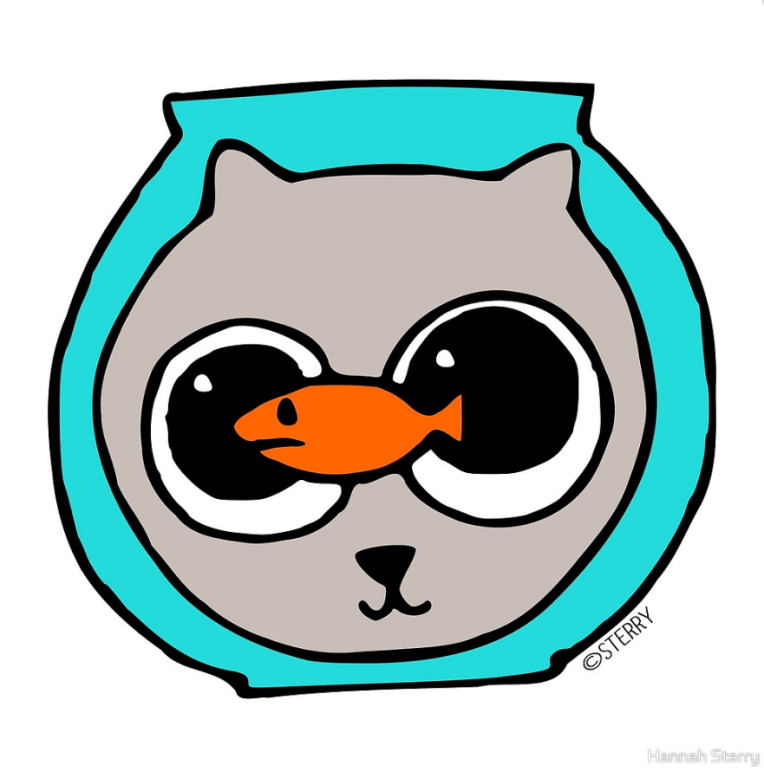 I'm Watching You - Illustration of a cat watching a goldfish by Hannah Sterry (Sterry Cartoons).